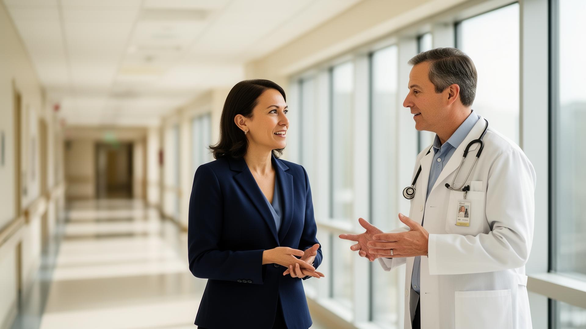 A businesswoman advisor and a hospital chief of staff in conversation